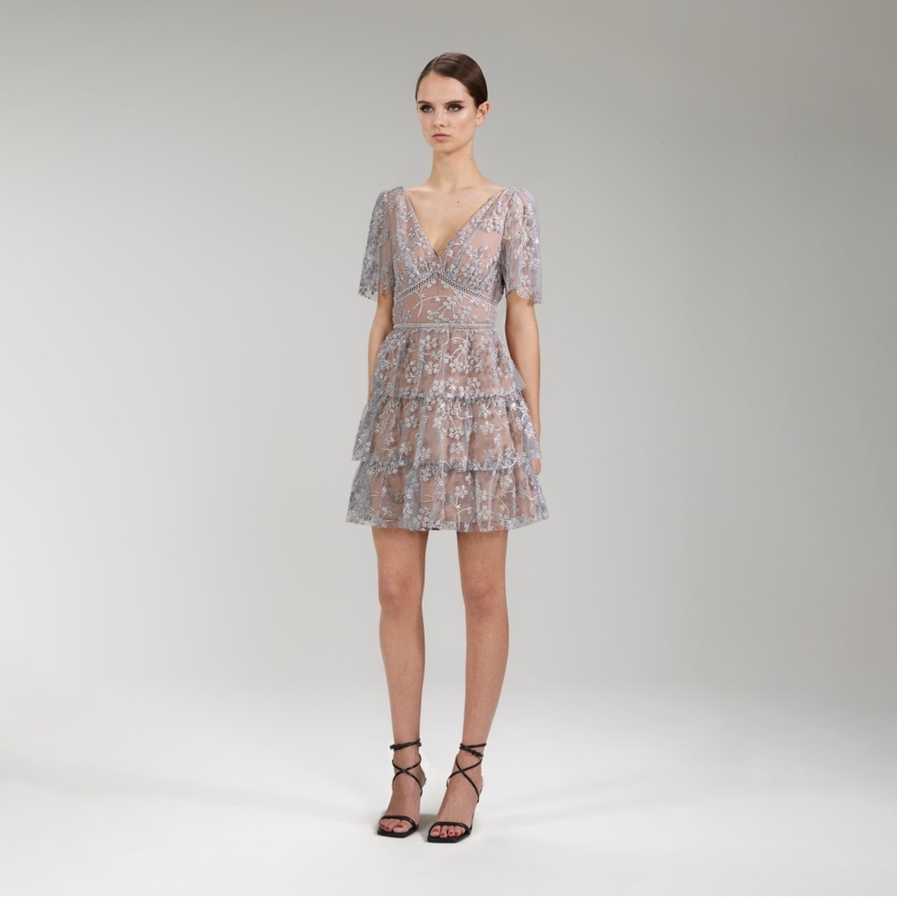 Self-Portrait embroidered blossom tiered mini dress